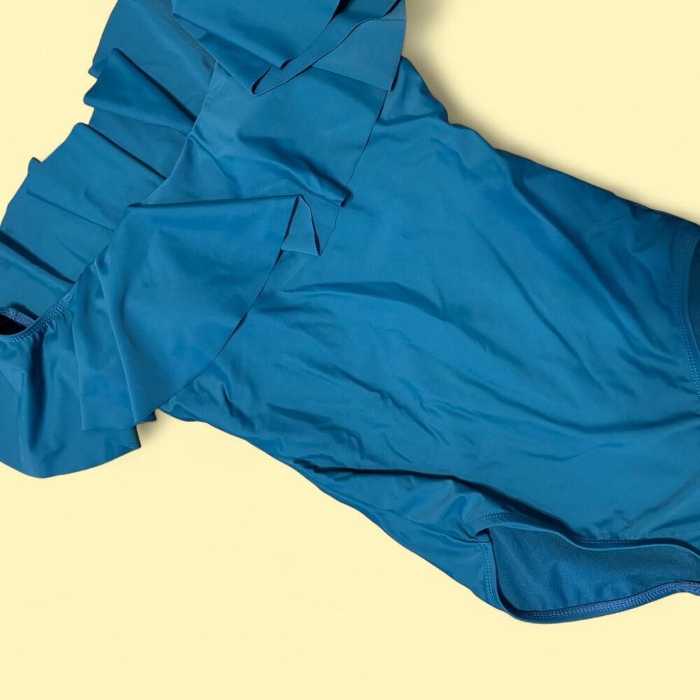 Time & Tru Teal One Piece Swimsuit M — Ruffle Off-Shoulder Modest